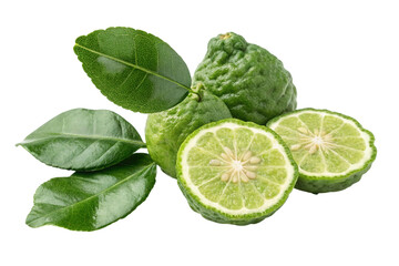 Fresh kaffir lime fruits and leaves isolated on transparent background
