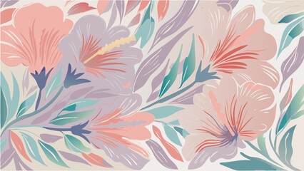 Pastel floral arrangement featuring pink and lavender hibiscus flowers and stylized foliage elements design