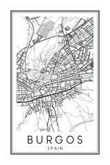 Obraz premium Hand drawn printable downtown road map poster of the Spanish city of BURGOS on solid white background with city name