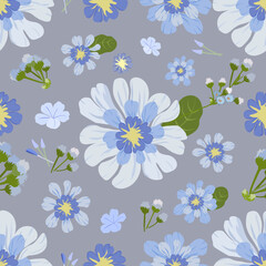 A contemporary floral pattern with large daisy-like flowers in shades of blue and white on gray, ideal for fashion and fabric.
