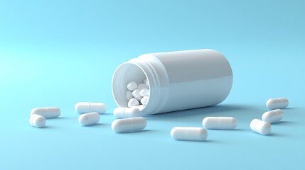 White Pill Bottle with Capsules Spilled on Blue Background, Minimalist Medicine Healthcare Theme