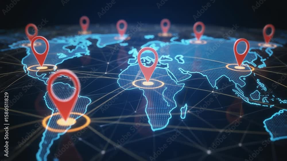 Poster : a digital map featuring interconnected location pins, symbolizing global network connectivity and 