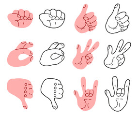 Fototapeta premium Hand arm different cartoon gesture isolated on white background set. Modern simple line outline style. Vector cartoon graphic design element illustration