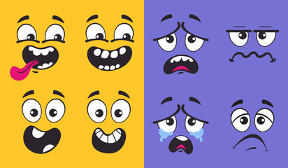 Retro cartoon style character happy and sad face expression comic concept. Vector graphic design illustration element