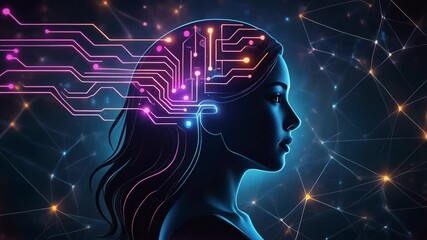 A human head silhouette contains bright neon circuits with connecting lines, representing the concept of artificial intelligence and data processing video 4k - Powered by Adobe