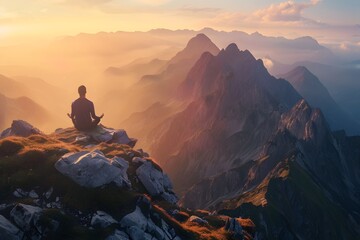 Man meditating on mountain peak at sunrise with panoramic view of ridges