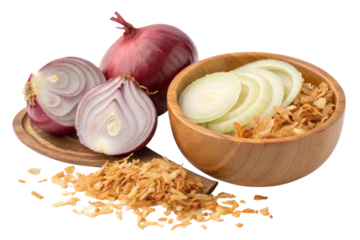 Fresh red onion halves slices and crispy fried onions isolated on transparent background