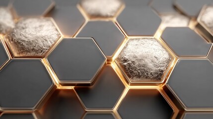 Obraz premium Hexagonal Patterns: A detailed view of a stunning honeycomb structure with a metallic texture and an array of polygonal cells