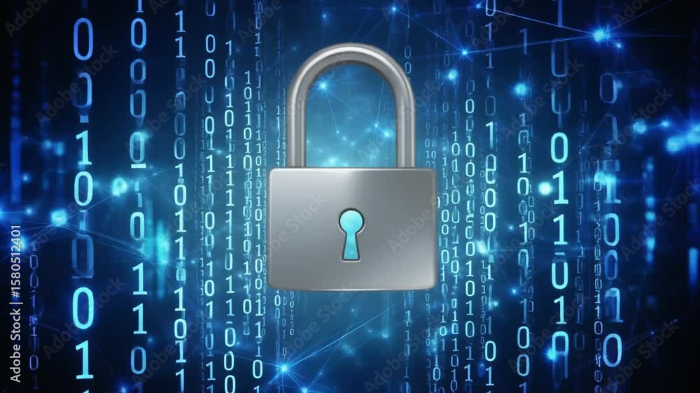 Poster a silver padlock centered against a background of binary code and blue light connections forming a n