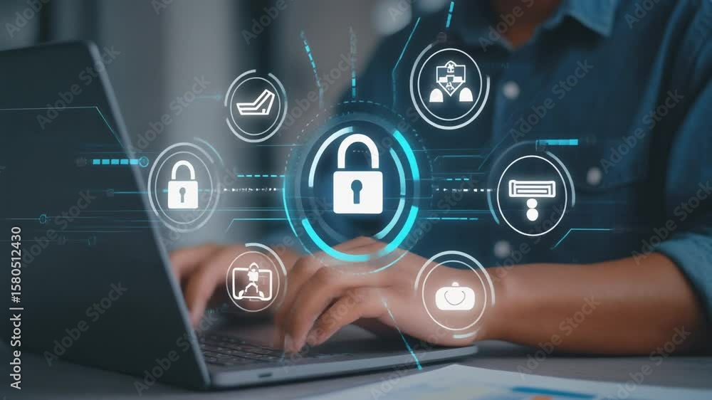 Poster a person typing on a laptop with digital security icons representing cybersecurity concepts.new