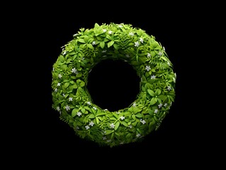 Lush green floral wreath with white flowers isolated on black background design element