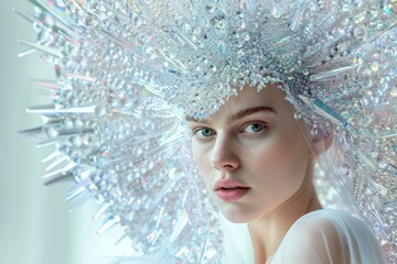Studio portrait of a fashion model wearing an extravagant crystal headdress and veil