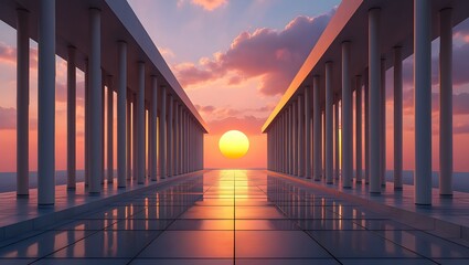 Sunset architecture columns horizon sea reflection aesthetic background wallpaper hd