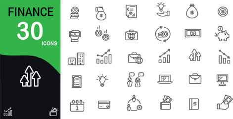 Finance related icon collections. Containing money, banking, income, expenses, investment, profit, budget, credit, currency, payment, savings, and transaction icons. outline icons. Editable stroke.