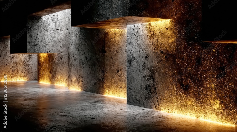 Poster illuminated concrete structure: a modern, abstract concrete structure bathed in the warm glow of str