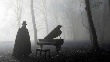 Foggy forest piano concert with mysterious man in cape and top hat stock photo image