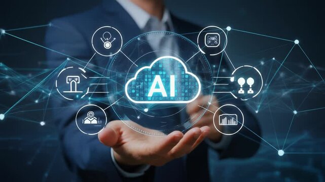 businessman pressing social network icon ,AI Cloud Integration: Business Intelligence & Digital Transformation in Action
