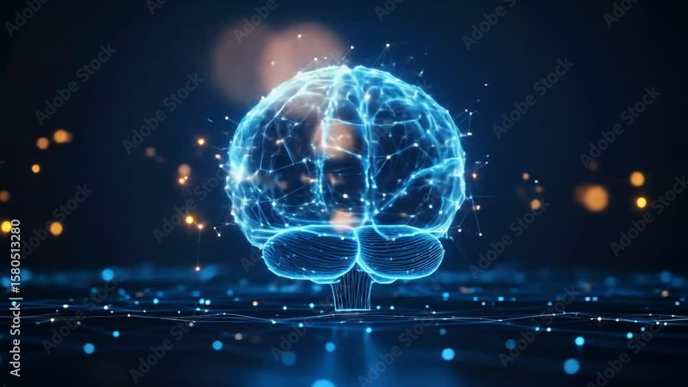 Poster digital brain with neural network connections pulsating energy with blue tones