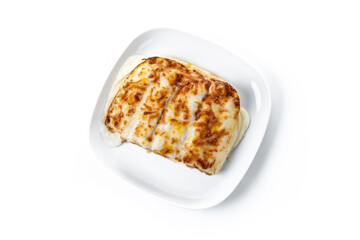 Baked Cannelloni with Cheese and Béchamel Sauce isolated on white background