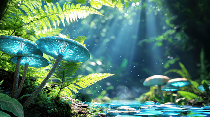 Ethereal fairy glen with glowing mushrooms, lush ferns, and sparkling water creates magical atmosphere in serene forest