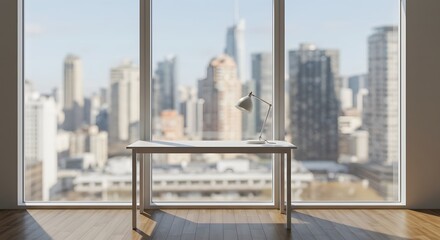 Minimalist desk with lamp and papers set against a blurred cityscape view through a large window.