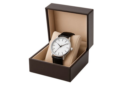 Luxury wristwatch with black leather strap in gift box isolated on transparent background
