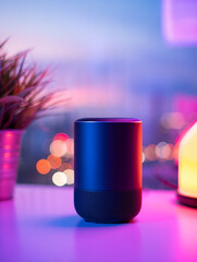 A smart speaker glows with colorful ambient light in a cozy setting