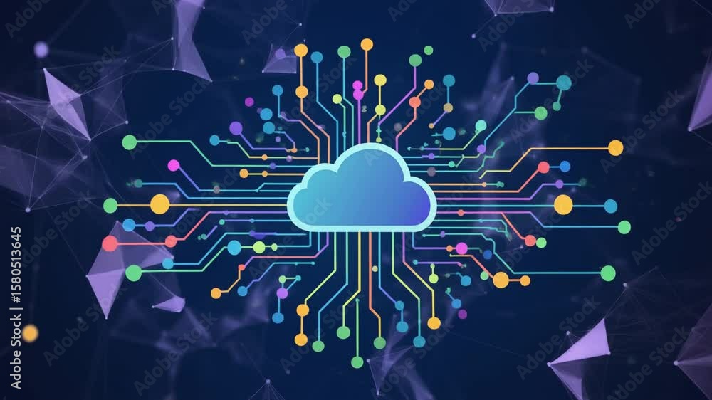 Poster data transfer cloud computing technology concept. there is a prominent large cloud icon in the cente