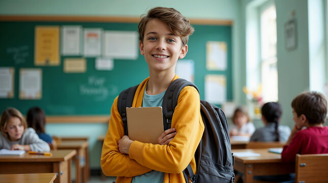 Happy young schoolboy with backpack holding a blue notebook, smiling in a brightly lit classroom. - Powered by Adobe