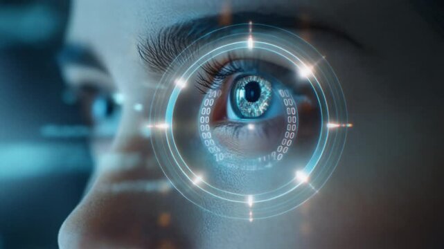 Closeup of woman's eye with reflected computer code for technology and innovation concepts. High-tech eye scanning system with binary code overlay. Artificial intelligence and cybersecurity new