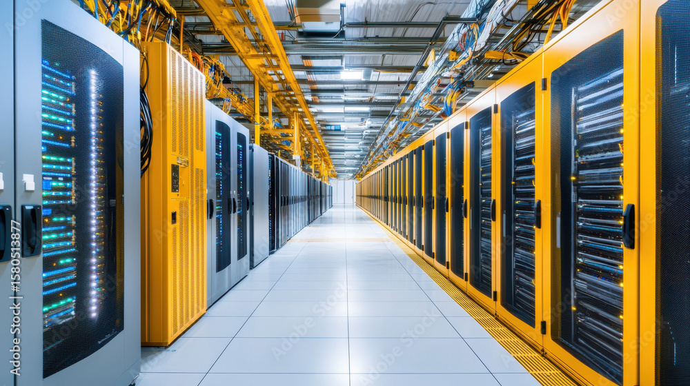 Poster modern data center featuring rows of server racks with illuminated fiber optic cables, showcasing ad