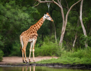 Obraz premium A giraffe is drinking water in the forest. giraffe in africa.
