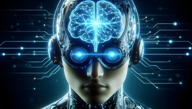 A futuristic human wearing a neurotech headset with glowing AI signals
