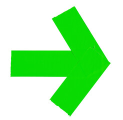 Green adhesive sticky duct tapes in right pointing arrow shape isolated cutout in transparent background. Concept of navigation, direction symbol for path guide sign.
