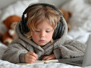 young child studying online with headphones. The kid is writing in a notebook while using a laptop for distance learning at home