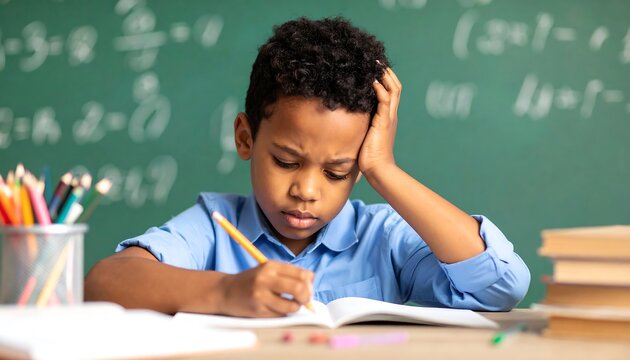 A young boy sits at a desk, seemingly struggling with a school assignment