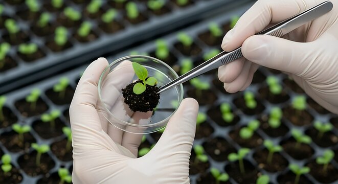 Scientist examines seedling in petri dish with tweezers in greenhouse nursery