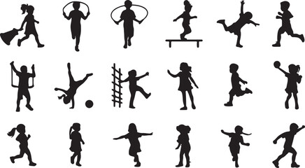 Children silhouettes engaged in various playful activities playing running