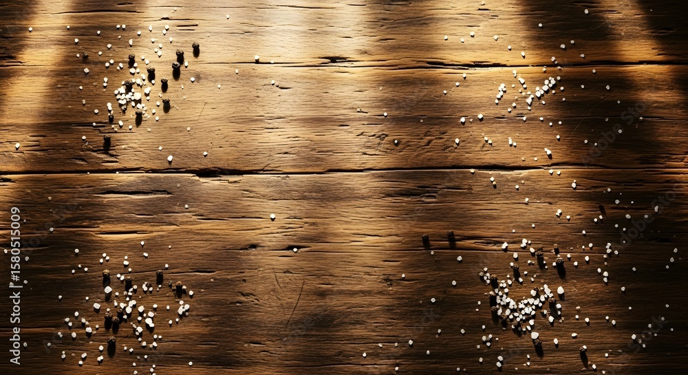 Poster salt and pepper scattered on a rustic wooden surface with natural light creating shadows and texture