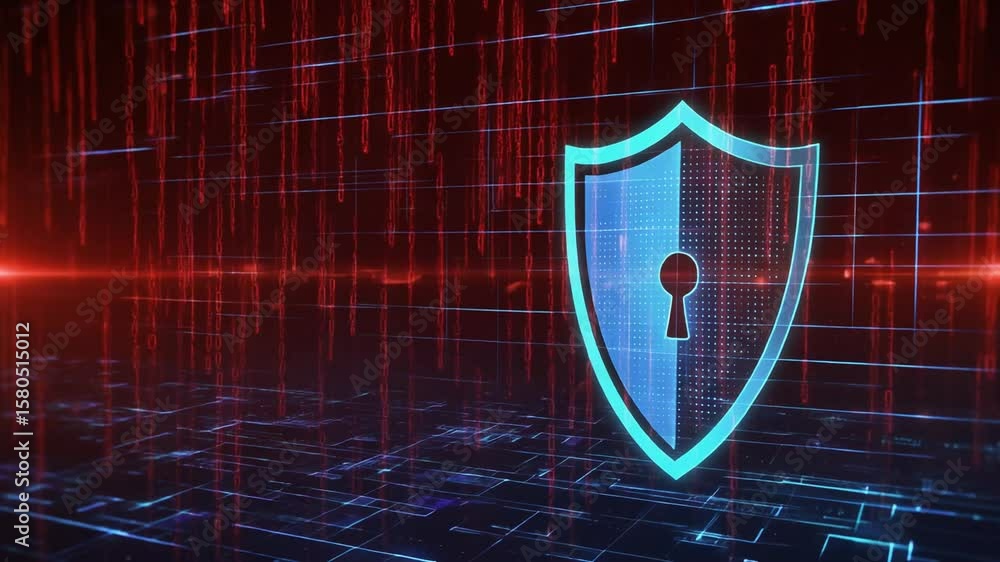 Poster cybersecurity keyhole shield – digital grid protection system in 4k video