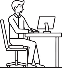 a man sitting on an office chair, working at a computer desk line art, black outline, vector and illustration, coloring book page line art drawing