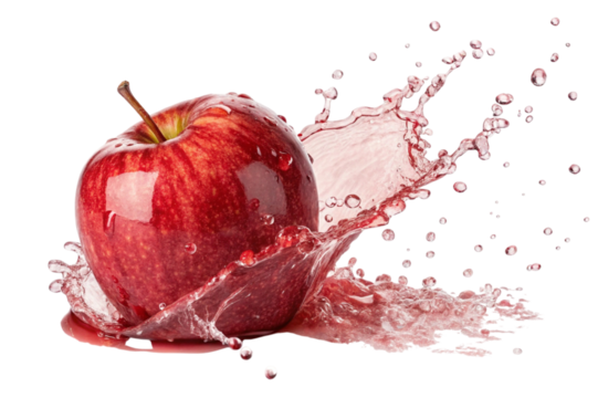Red apple with splash of juice and water droplets isolated on transparent background