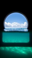 Fototapeta premium Ocean view through submarine window wallpaper underwater sea sky and clouds photo