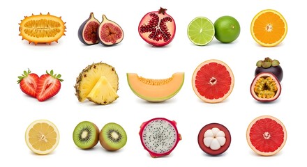 Fototapeta premium A vibrant assortment of freshly cut exotic and common fruits