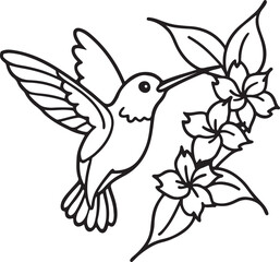 hummingbird in flowers line art, black outline, vector and illustration, coloring book page line art drawing