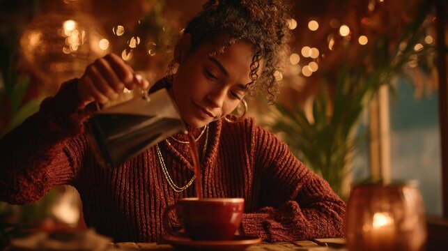 Waitress carefully pouring freshly brewed coffee into a cup in a cozy cafe with a steaming mug and soft lighting creating a warm, inviting scene.