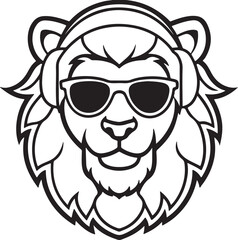 lion with headphones and sunglasses line art, black outline, vector and illustration, coloring book page line art drawing
