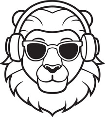 lion with headphones and sunglasses line art, black outline, vector and illustration, coloring book page line art drawing