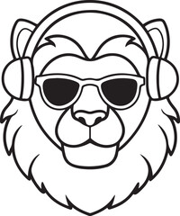 lion with headphones and sunglasses line art, black outline, vector and illustration, coloring book page line art drawing
