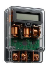 Fototapeta premium Compact three-phase electricity meter with a transparent casing for easy installation in an apartment's electrical panel.